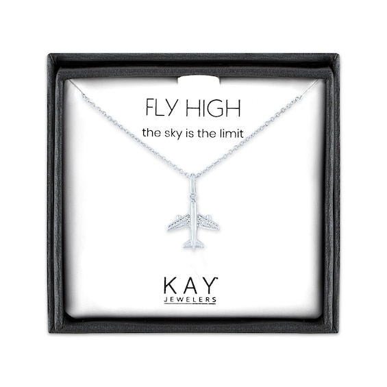 Diamond Accent Airplane Necklace Sterling Silver 18"