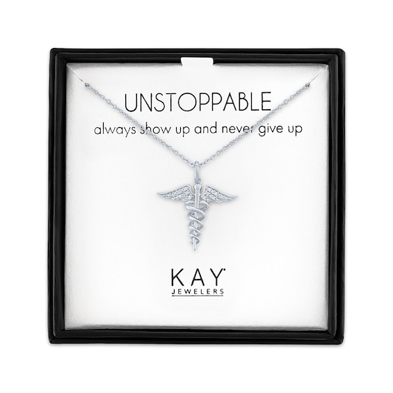 Diamond Accent Caduceus Necklace Sterling Silver 18"
