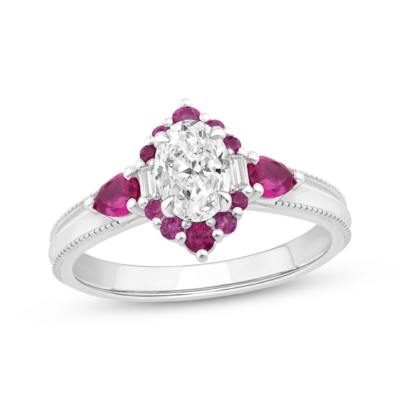 Adore Lab-Grown Diamonds Oval-Cut Engagement Ring with Lab-Created Rubies 1/2 ct tw 14K White Gold