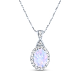 Oval-Cut Lab-Created Opal & White Lab-Created Sapphire Halo Necklace Sterling Silver 18"