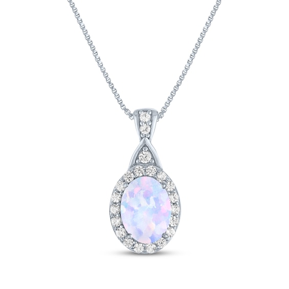 Oval-Cut Lab-Created Opal & White Lab-Created Sapphire Halo Necklace Sterling Silver 18"
