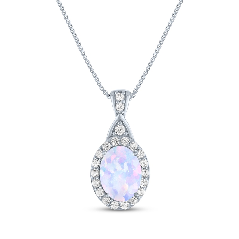 Main Image 1 of Oval-Cut Lab-Created Opal & White Lab-Created Sapphire Halo Necklace Sterling Silver 18"