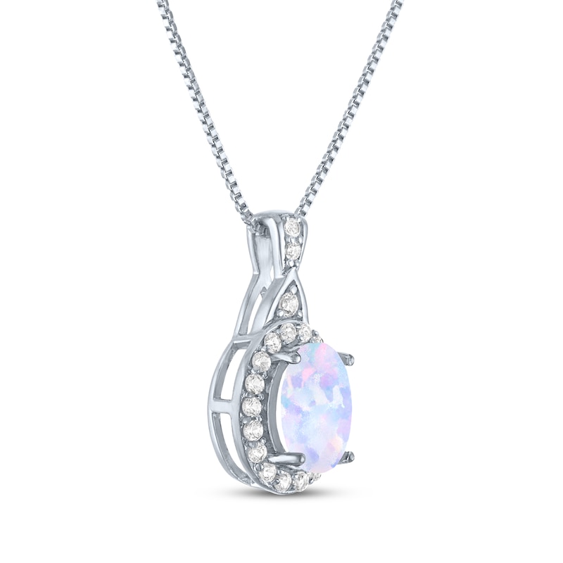 Main Image 2 of Oval-Cut Lab-Created Opal & White Lab-Created Sapphire Halo Necklace Sterling Silver 18"