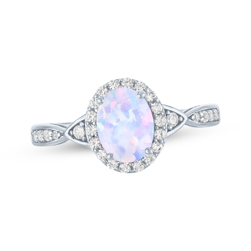 Main Image 1 of Oval-Cut Lab-Created Opal & White Lab-Created Sapphire Halo Ring Sterling Silver