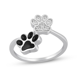 Black Onyx & White Lab-Created Sapphire Paw Print Bypass Ring Sterling Silver