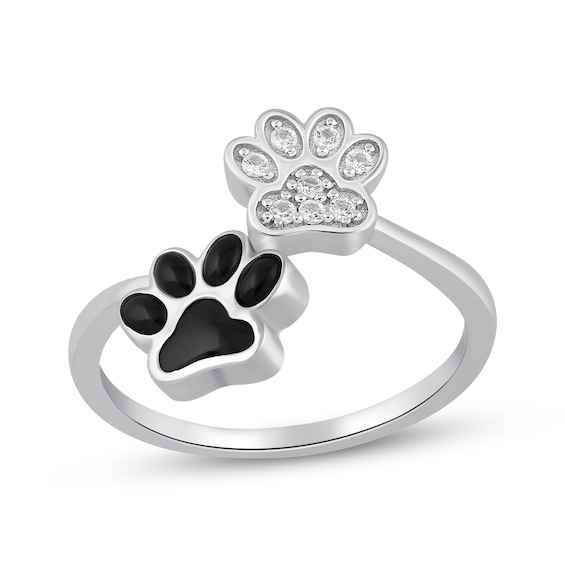 Black Onyx & White Lab-Created Sapphire Paw Print Bypass Ring Sterling Silver