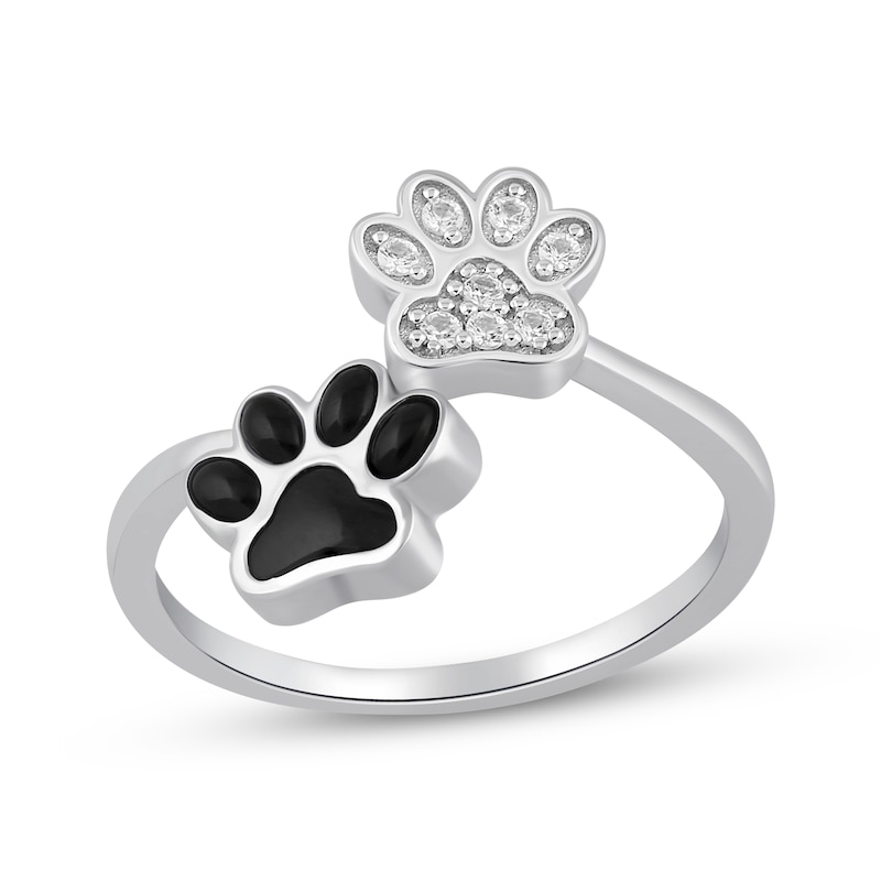 Main Image 1 of Black Onyx & White Lab-Created Sapphire Paw Print Bypass Ring Sterling Silver