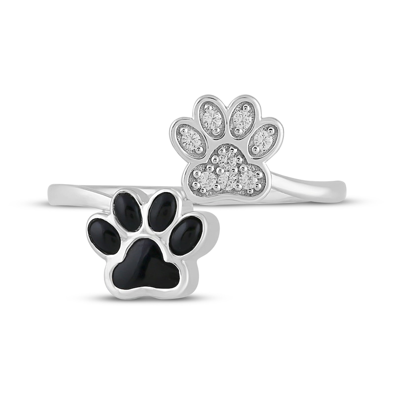 Main Image 4 of Black Onyx & White Lab-Created Sapphire Paw Print Bypass Ring Sterling Silver