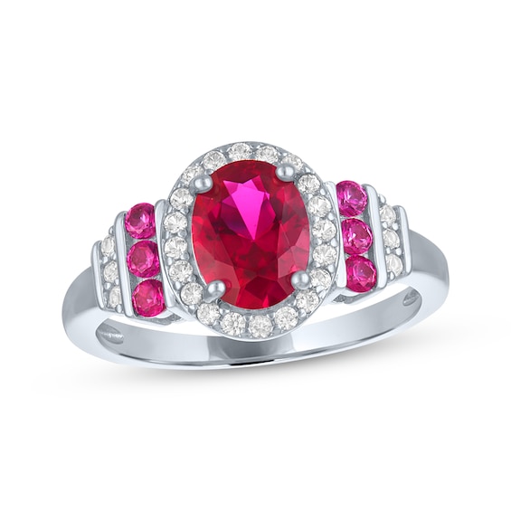 Oval-Cut Lab-Created Ruby & White Lab-Created Sapphire Halo Ring Sterling Silver