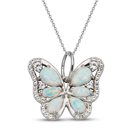 Pear-Shaped & Marquise-Cut Lab-Created Opal & White Lab-Created Sapphire Butterfly Necklace Sterling Silver 18"
