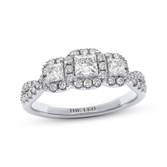 THE LEO Diamond Princess-Cut Three-Stone Halo Engagement Ring 1 ct tw 14K White Gold