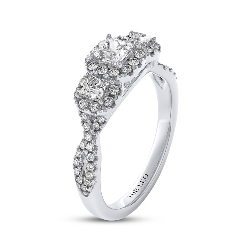 Main Image 2 of THE LEO Diamond Princess-Cut Three-Stone Halo Engagement Ring 1 ct tw 14K White Gold