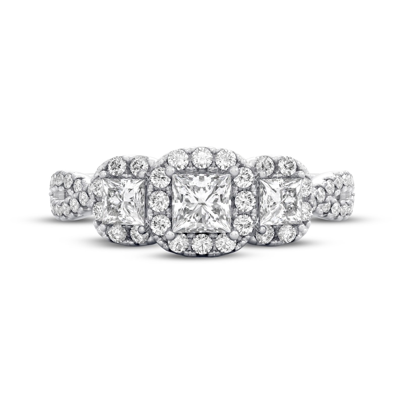 Main Image 3 of THE LEO Diamond Princess-Cut Three-Stone Halo Engagement Ring 1 ct tw 14K White Gold