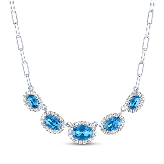 Oval-Cut Swiss Blue Topaz & White Lab-Created Sapphire Halo Necklace Sterling Silver 18"