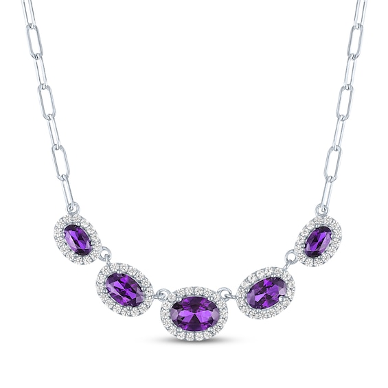 Oval-Cut Amethyst & White Lab-Created Sapphire Halo Necklace Sterling Silver 18"