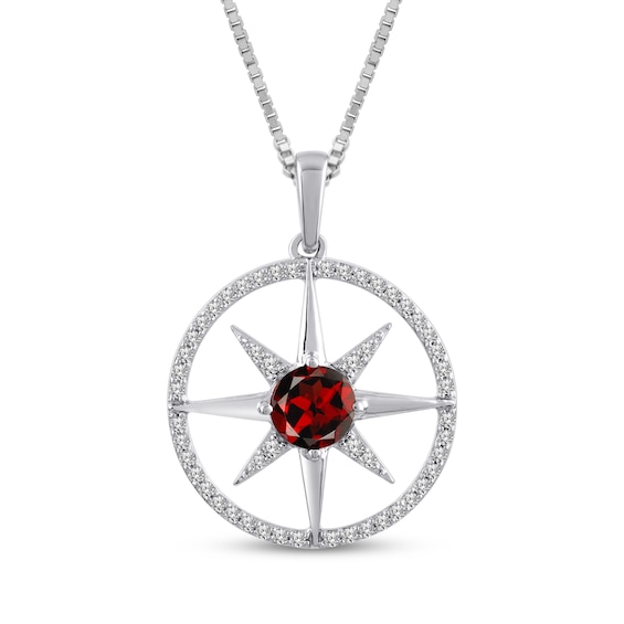 Garnet & White Lab-Created Sapphire Star Circle Necklace Sterling Silver 18"
