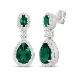 Pear-Shaped & Oval-Cut Lab-Created Emerald, White Lab-Created Sapphire Drop Earrings Sterling Silver