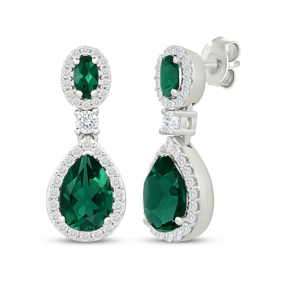 Pear-Shaped & Oval-Cut Lab-Created Emerald, White Lab-Created Sapphire Drop Earrings Sterling Silver