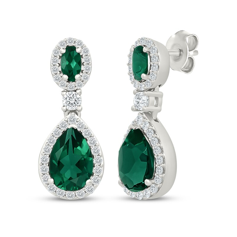 Main Image 1 of Pear-Shaped & Oval-Cut Lab-Created Emerald, White Lab-Created Sapphire Drop Earrings Sterling Silver
