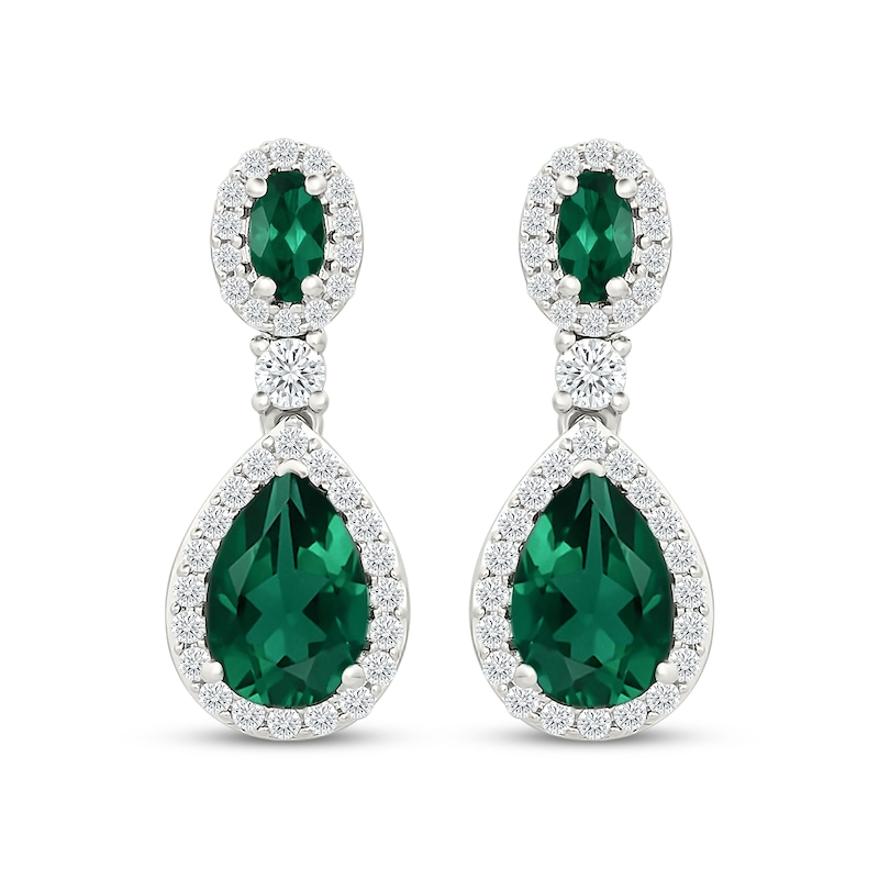 Main Image 2 of Pear-Shaped & Oval-Cut Lab-Created Emerald, White Lab-Created Sapphire Drop Earrings Sterling Silver