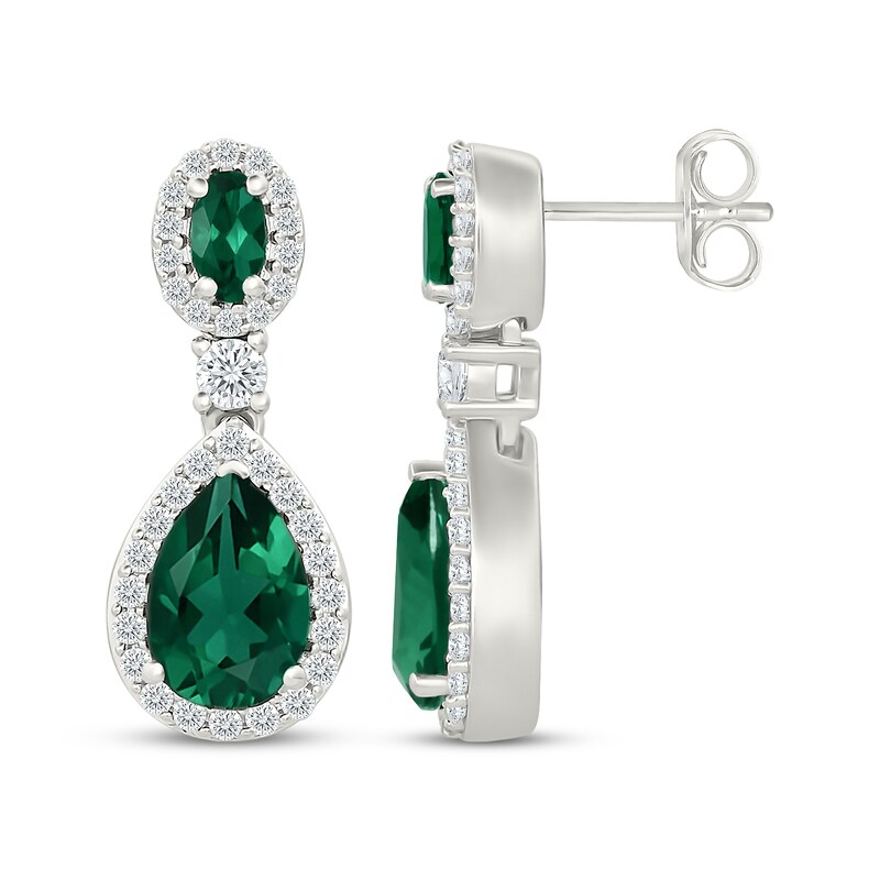 Main Image 3 of Pear-Shaped & Oval-Cut Lab-Created Emerald, White Lab-Created Sapphire Drop Earrings Sterling Silver