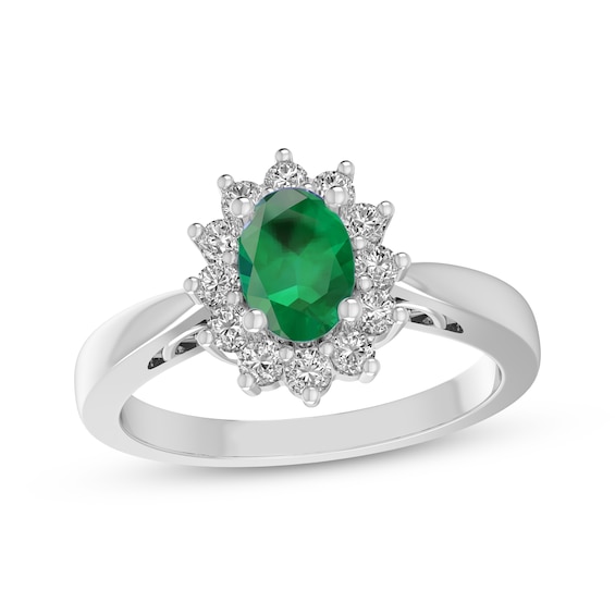 Oval-Cut Lab-Created Emerald & White Lab-Created Sapphire Starburst Halo Ring Sterling Silver