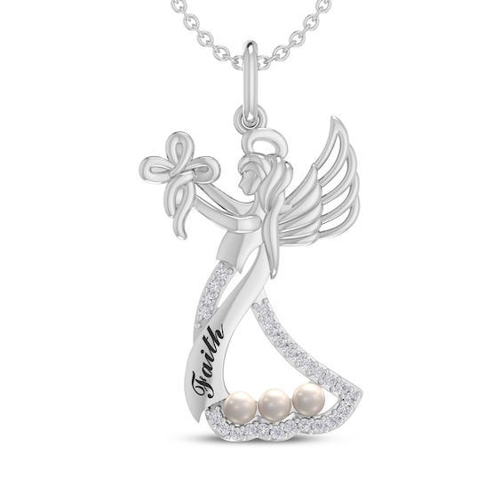 Cultured Pearl & Diamond "Faith" Angel Necklace 1/20 ct tw Sterling Silver 18"