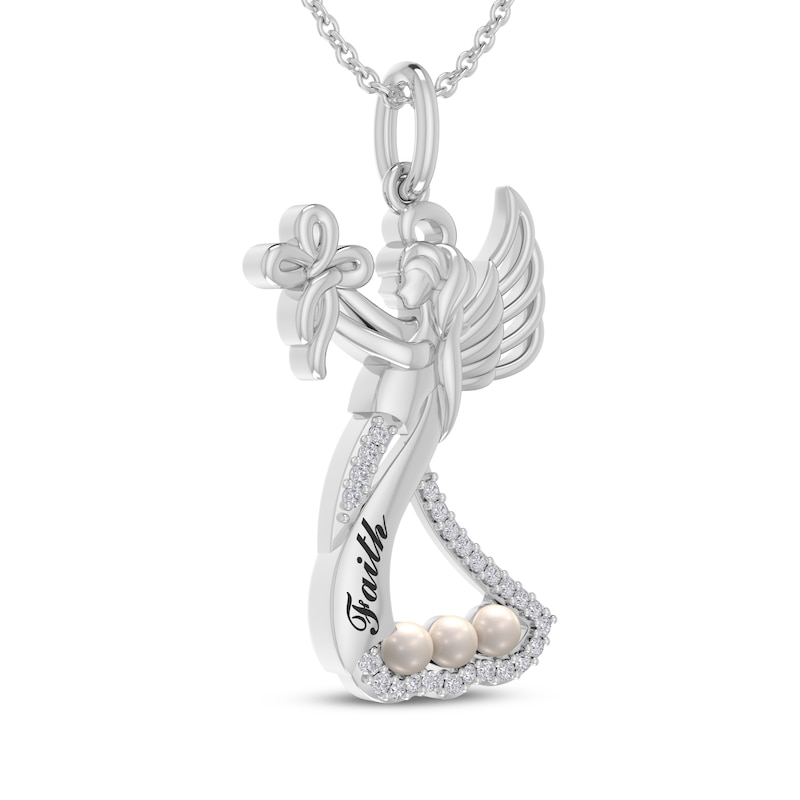 Main Image 2 of Cultured Pearl & Diamond "Faith" Angel Necklace 1/20 ct tw Sterling Silver 18"