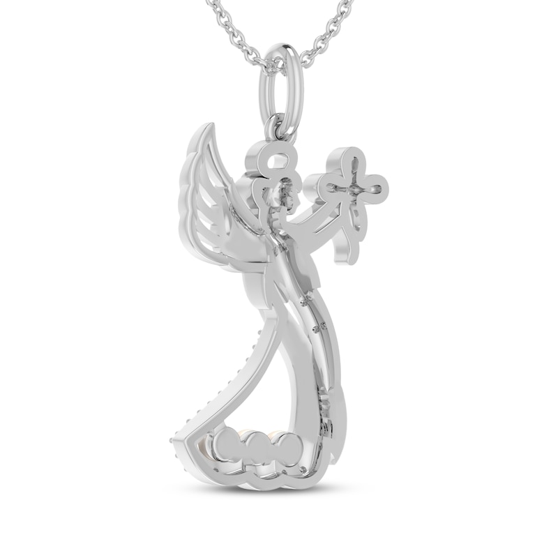 Main Image 3 of Cultured Pearl & Diamond "Faith" Angel Necklace 1/20 ct tw Sterling Silver 18"