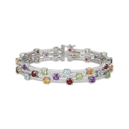 Peridot, Garnet, Citrine, Amethyst, Sky Blue Topaz & White Lab-Created Sapphire Three-Row Bracelet Sterling Silver 7.25"