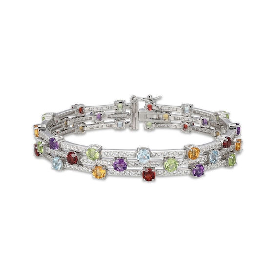Peridot, Garnet, Citrine, Amethyst, Sky Blue Topaz & White Lab-Created Sapphire Three-Row Bracelet Sterling Silver 7.25"