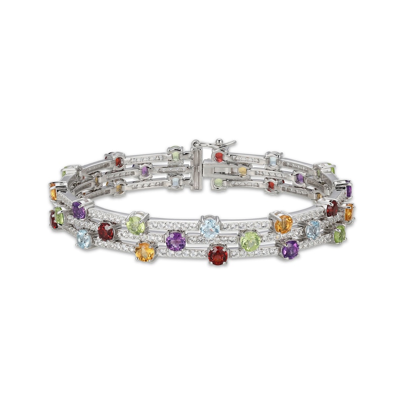 Main Image 1 of Peridot, Garnet, Citrine, Amethyst, Sky Blue Topaz & White Lab-Created Sapphire Three-Row Bracelet Sterling Silver 7.25"