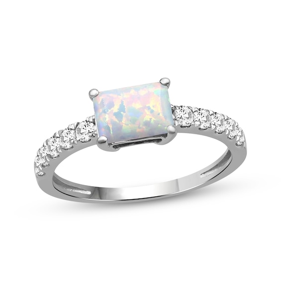 Emerald-Cut Lab-Created Opal & White Lab-Created Sapphire Ring Sterling Silver