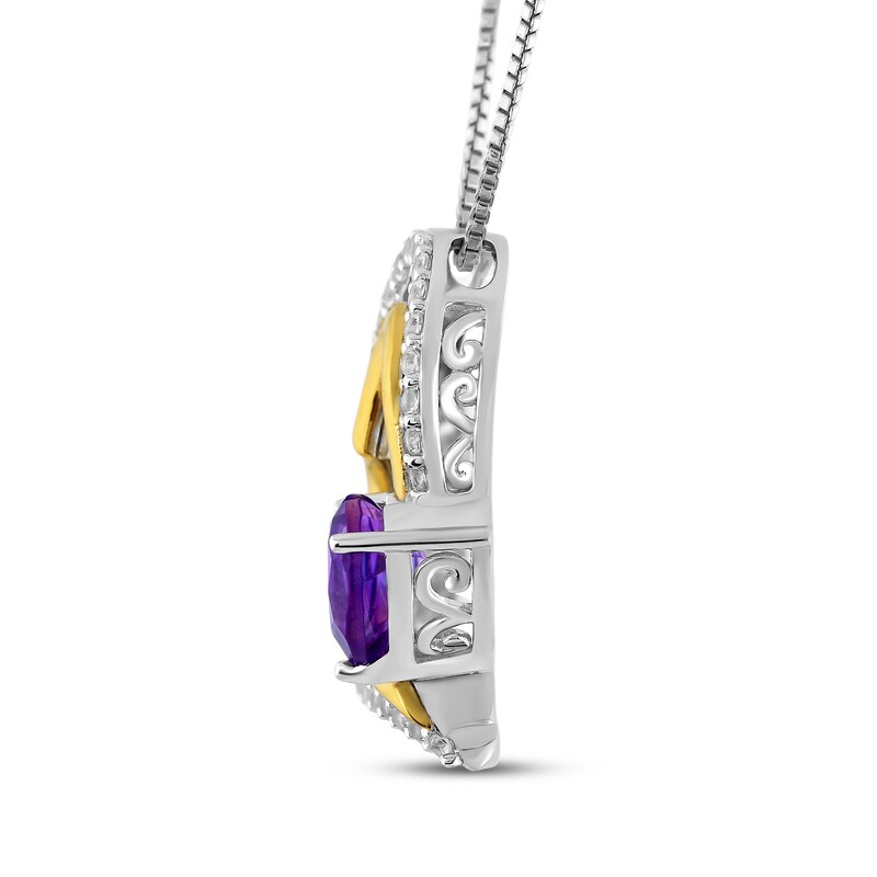 Main Image 2 of Heart-Shaped Amethyst & White Lab-Created Sapphire Tilted Double Heart Frame Necklace Sterling Silver & 10K Yellow Gold 18"