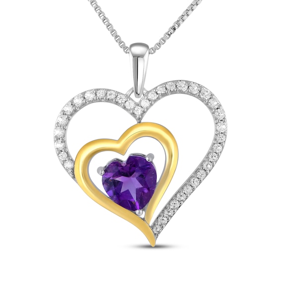 Heart-Shaped Amethyst & White Lab-Created Sapphire Double Heart Frame Necklace Sterling Silver & 10K Yellow Gold 18"