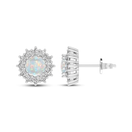 Lab-Created Opal & White Lab-Created Sapphire Starburst Halo Stud Earrings Sterling Silver