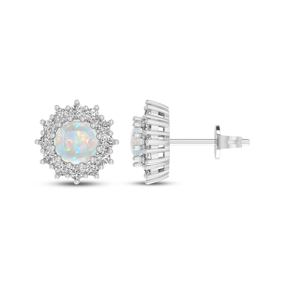 Lab-Created Opal & White Lab-Created Sapphire Starburst Halo Stud Earrings Sterling Silver