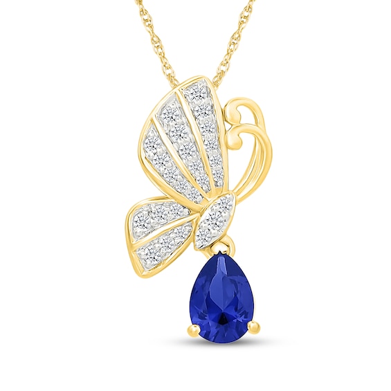 Pear-Shaped Blue Lab-Created Sapphire & White Lab-Created Sapphire Butterfly Necklace 24K Yellow Gold Vermeil Sterling Silver 18"