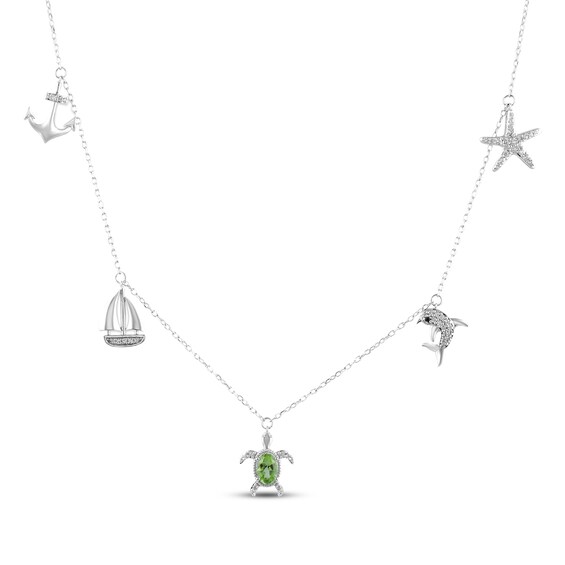 Peridot, Black Spinel & White Lab-Created Sapphire Maritime Charm Station Necklace Sterling Silver 18"