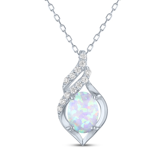 Oval-Cut Lab-Created Opal & White Lab-Created Sapphire Frame Necklace Sterling Silver 18"