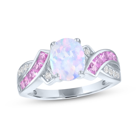 Oval-Cut Lab-Created Opal, Pink & White Lab-Created Sapphire Ring Sterling Silver