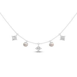 Cultured Pearl & Square-Cut White Lab-Created Sapphire Dangle Necklace Sterling Silver 18"