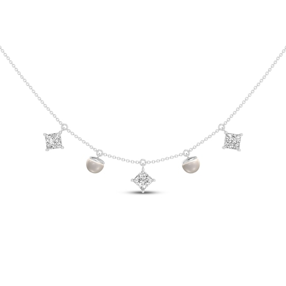 Cultured Pearl & Square-Cut White Lab-Created Sapphire Dangle Necklace Sterling Silver 18"