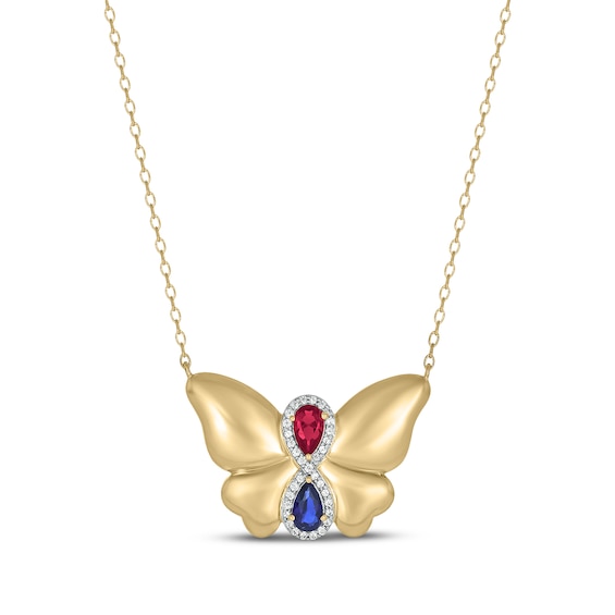 Patriotic Pear-Shaped Blue Lab-Created Sapphire and Lab-Created Ruby & Diamond Infinity Butterfly Necklace 1/10 ct tw 24K Yellow Gold Vermeil Sterling