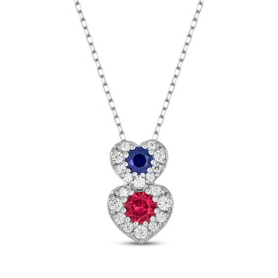 Patriotic Blue Lab-Created Sapphire, Lab-Created Ruby & Diamond Double Heart Necklace 1/5 ct tw Sterling Silver 18"