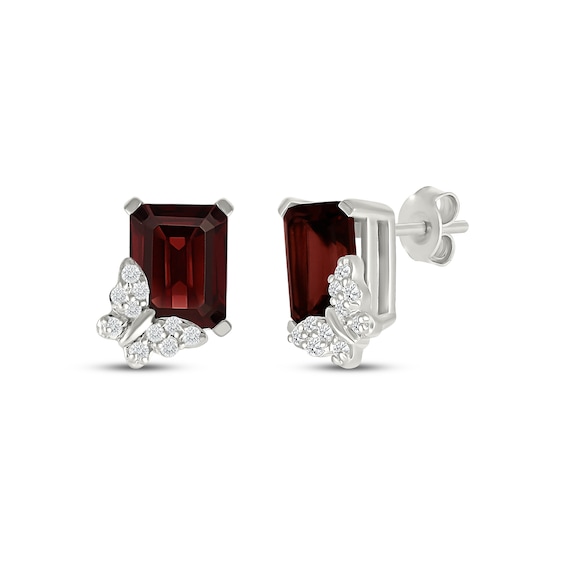 Emerald-Cut Garnet & White Lab-Created Sapphire Butterfly Stud Earrings Sterling Silver