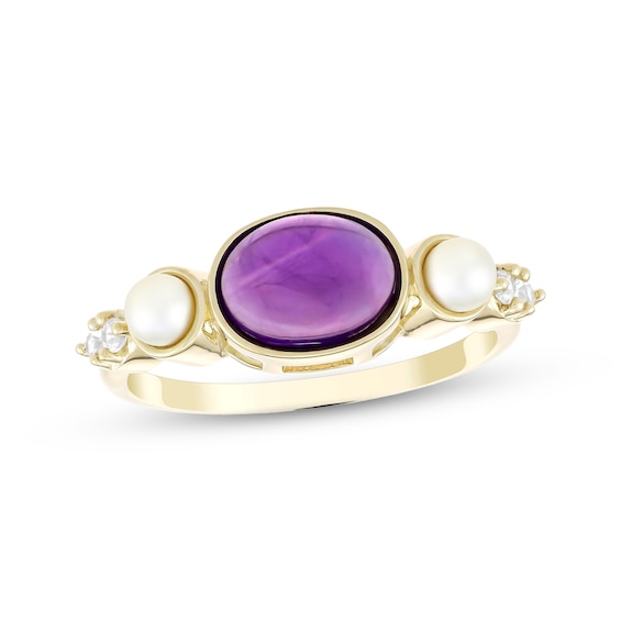 Oval Natural Amethyst Cabochon, Cultured Pearl & White Lab-Created Sapphire Ring 18K Yellow Gold-Plated Sterling Silver