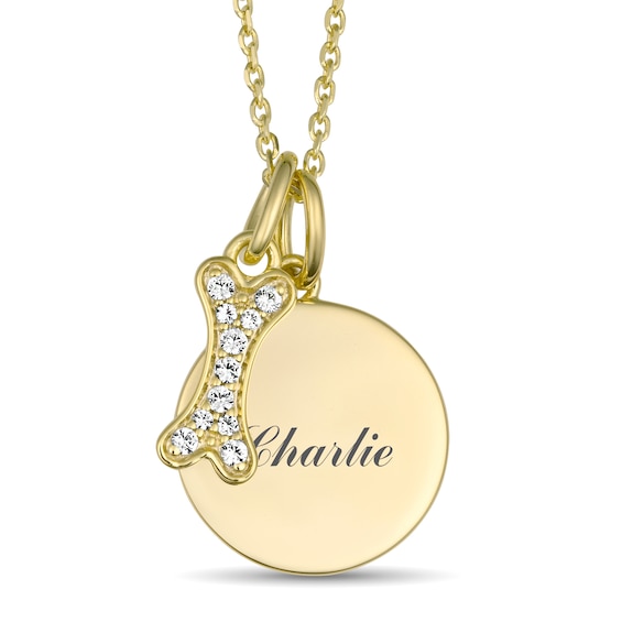 Engravable Round Disc with Lab-Created White Sapphire Dog Bone Necklace (1-3 Lines)