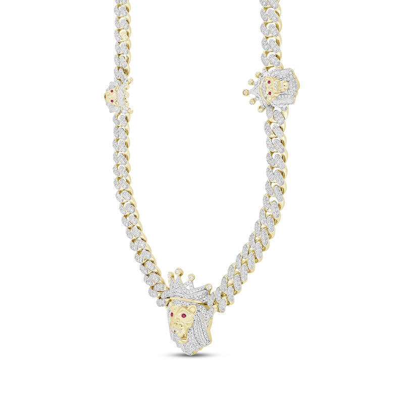 Main Image 2 of Men's Diamond & Lab-Created Ruby Lion with Crown Necklace 2 ct tw 10K Yellow Gold 20"