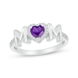 Heart-Shaped Amethyst & White Lab-Created Sapphire &quot;Mom&quot; Ring Sterling Silver